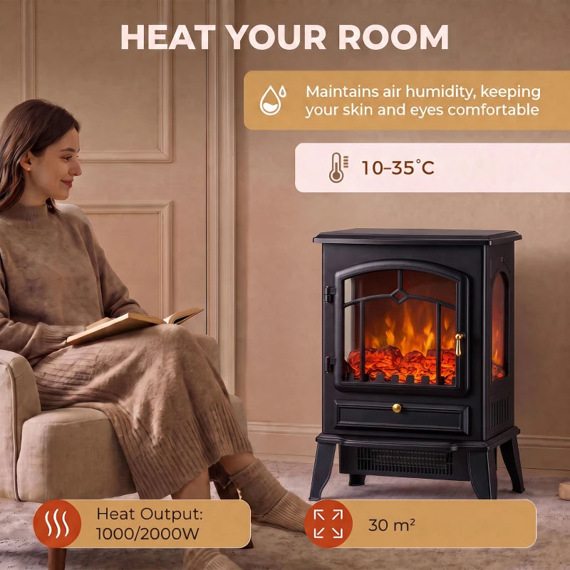 Black electric fireplace stove heater with flame effect window and front heating grille