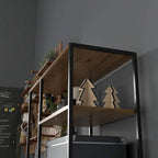 Industrial display shelf with drawers, brown wooden top and black metal frame corner detail.