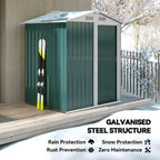Green metal storage shed with sliding door, sloped roof, and side vents