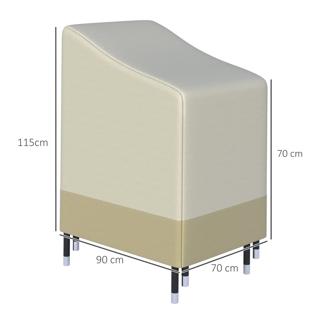Two-tone chair cover with dimensions marked: 115 cm high, 90 cm wide, and 70 cm deep.