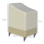Two-tone chair cover with dimensions marked: 115 cm high, 90 cm wide, and 70 cm deep.