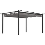 Grey retractable-roof aluminium pergola with four dark support posts and side canopy