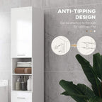 White tall narrow cabinet with open shelves and drawers, anti-tip wall-mount brackets