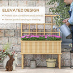 Natural wooden garden planter with trellis, elevated design with pink flowers.