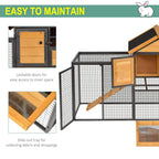 Elevated pet hutch with lockable wood door and slide-out tray for debris and droppings