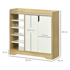 Measured shoe organizer cabinet in natural wood with white double doors and open shelves