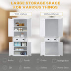 White pantry cabinet shown with open shelf interior and two drawers