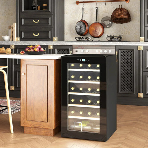 Freestanding black wine cooler fridge with glass door in a kitchen