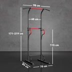 Adjustable power tower pull-up station with red bars and labeled height and width dimensions
