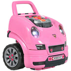 Pink ride-on toy truck car with front headlights, grille, and open hood engine details.