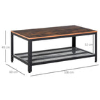 Coffee table size view: rustic brown top, black frame, and two-tier mesh storage