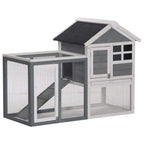 Two-tier wooden small animal hutch with grey roof panel and wire mesh enclosure, front