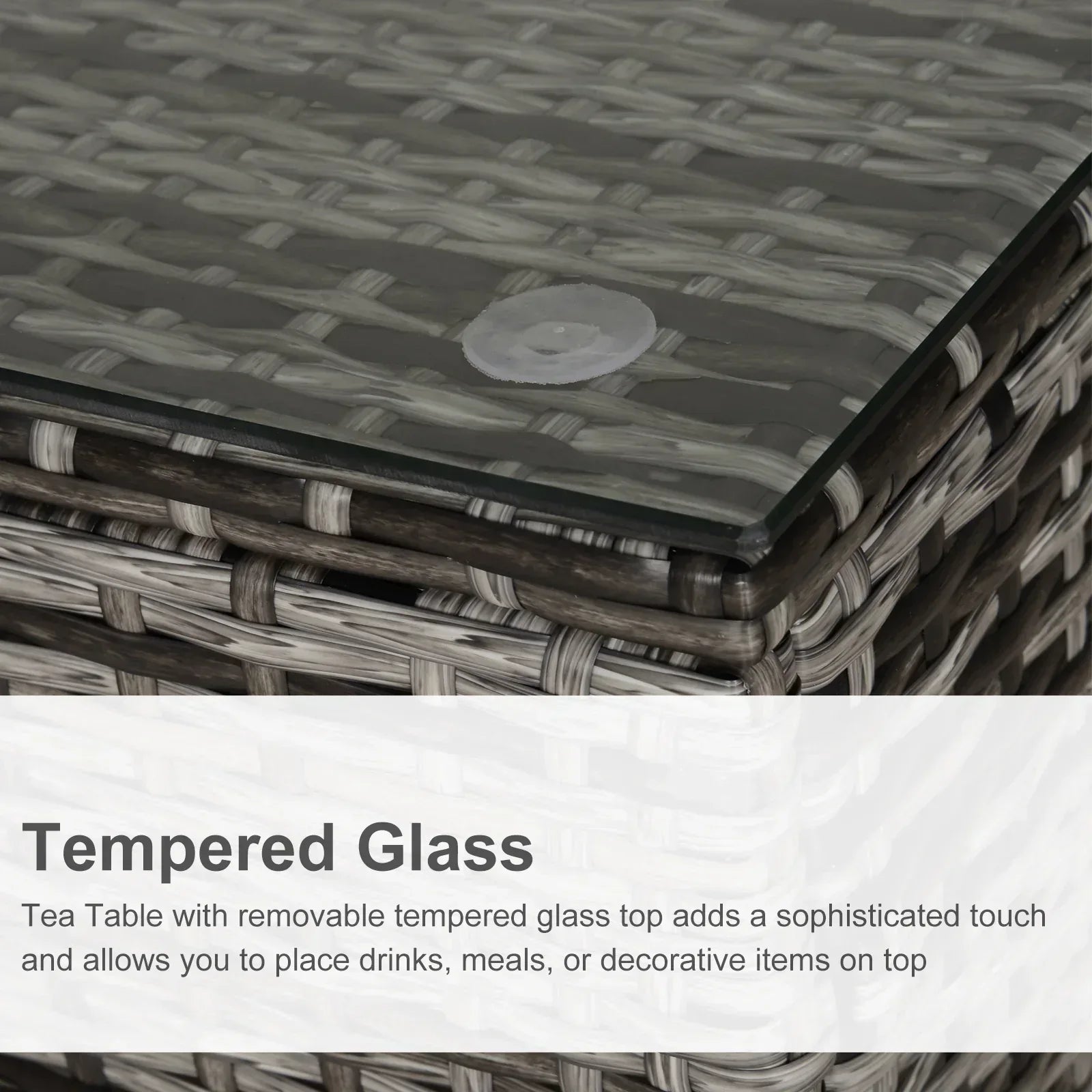 Square PE Rattan Garden Table, with Glass Table Top - Grey - Bobobiy