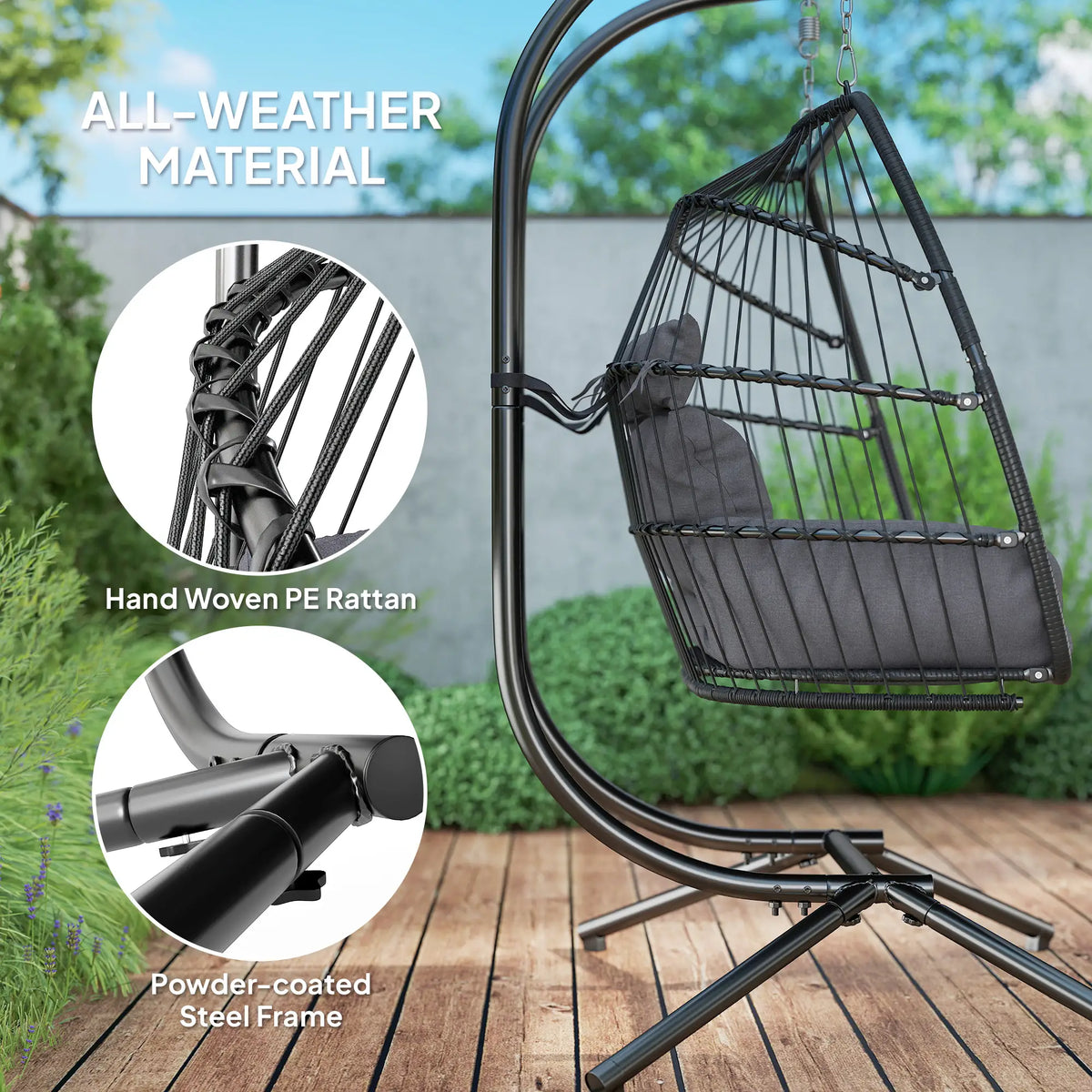Outsunny Rattan Double Hanging Egg Chair with Stand, Foldable Wicker Swing Egg Chair with Cushion, Head Pillows, Steel