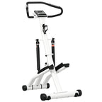 White and black foldable stair stepper with handlebars and wide foot pedals.