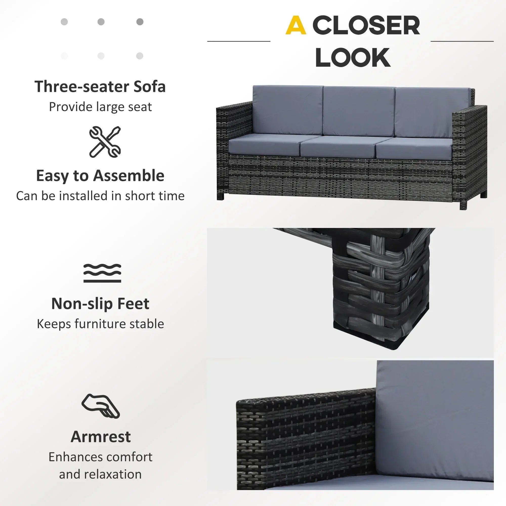 3 Seater All Weather Outdoor Sofa, Garden Rattan Sofa with Cushions and Mental Frame, Grey - Bobobiy