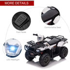 Kids ride-on quad bike with comfortable black seat, foot pedal, and LED headlight closeup.