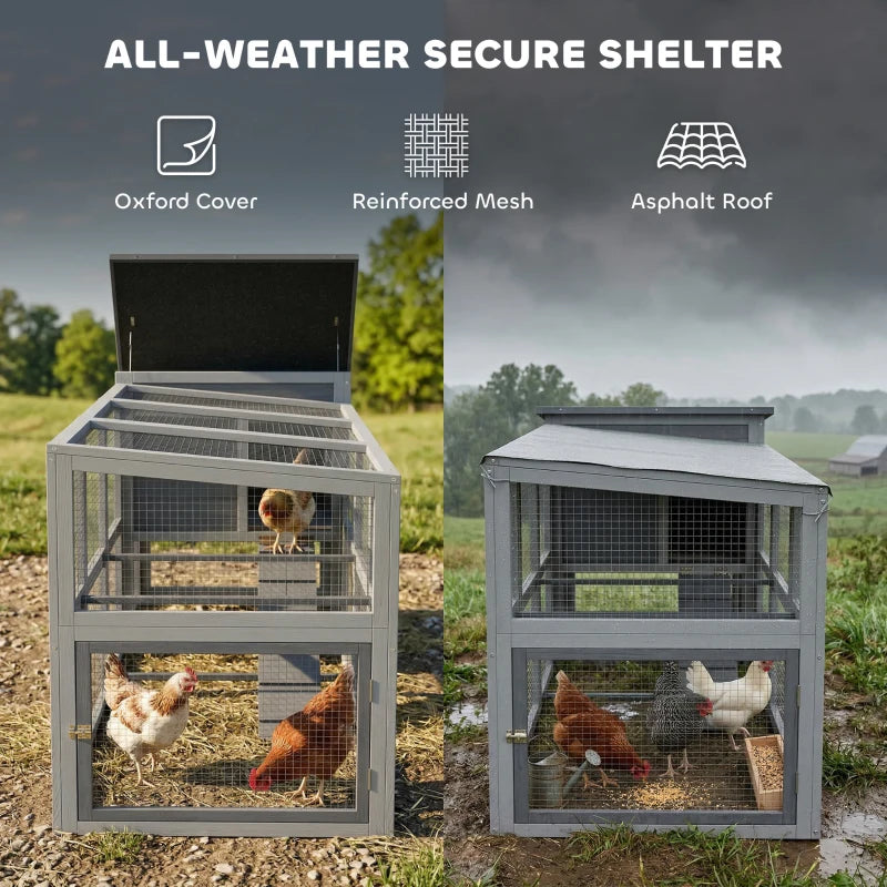 Grey wooden chicken coop with wire mesh doors and asphalt roof shelter