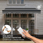 Dark grey retractable awning with scalloped edge over storefront windows