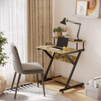 Compact industrial desk with rustic brown shelves and black X-frame legs