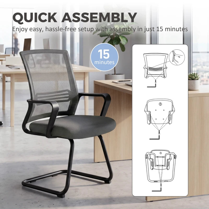 Dark grey no-wheel office chair with mesh back and padded seat, sled base