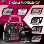 Pink toy truck car with open hood, steering wheel area, and engine workshop detail view.
