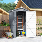 Grey wall shed with open doors and front storage area with tools