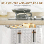 White four-slice toaster with center pop-up toast, paired with white electric kettle