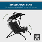Black two-seat swing chair showing independent seats under the canopy