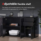 Black side cabinet with open compartments and adjustable shelf, two-door storage