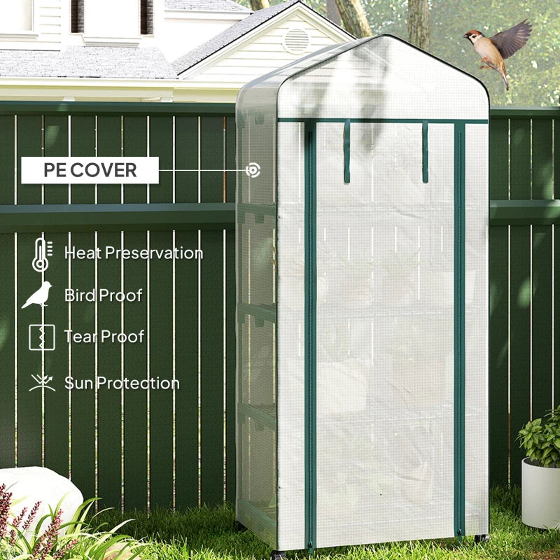 White portable mini greenhouse with PE cover panel and metal frame side access