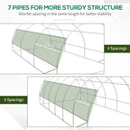 Green greenhouse tunnel tent frame layout showing multiple spacing sections