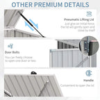 Grey storage shed lid with pneumatic lift struts, door bolts, and handle close-up