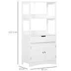 White floor cabinet with open upper shelves, middle drawer, and bottom doors; size shown