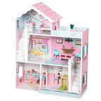 Large pink wooden 3-storey dollhouse with open rooms and play furniture