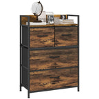 Rustic 4-drawer storage cabinet with black frame and brown wood-look drawer fronts