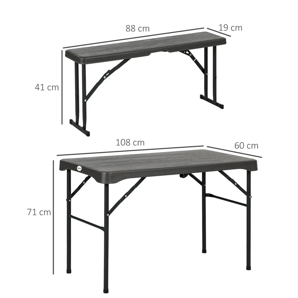 Folding Picnic Table with 2 Benches, 3-Piece Portable Garden Furniture Set for 4, Dining Table Set with Plastic Top, Steel Frame, Dark Grey - Bobobiy