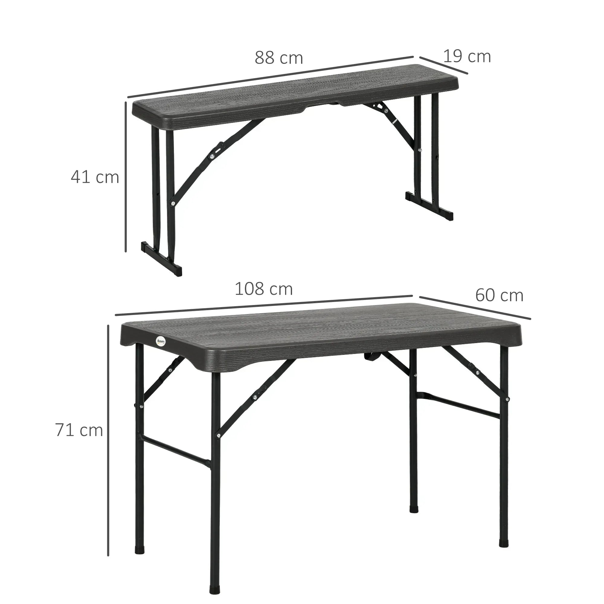 Folding Picnic Table with 2 Benches, 3-Piece Portable Garden Furniture Set for 4, Dining Table Set with Plastic Top, Steel Frame, Dark Grey - Bobobiy