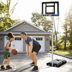 White portable basketball hoop with black backboard, net, and wheeled weighted base