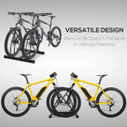 Black two-bike floor rack with angled cradles and stable base rails for indoor/outdoor