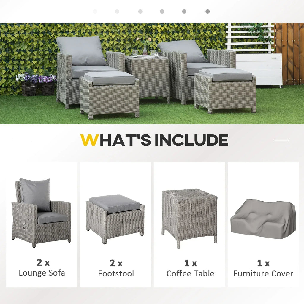 5 Pieces Outdoor PE Rattan Garden Furniture with Cushions, Patio Lounge Adjustable Backrest Chairs, Footstools and Cooler Bar Coffee Table & Cover, Grey - Bobobiy