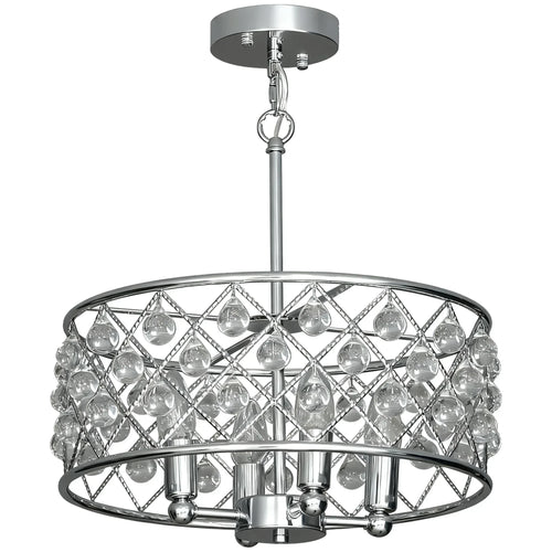 Silver-tone four-bulb chandelier with faceted crystal drops and round metal frame