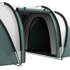 Close-up of dark green and white tent doorway with arched entrance frame