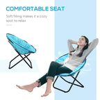 Blue folding lounge moon chair with padded seat and black cross-frame recline