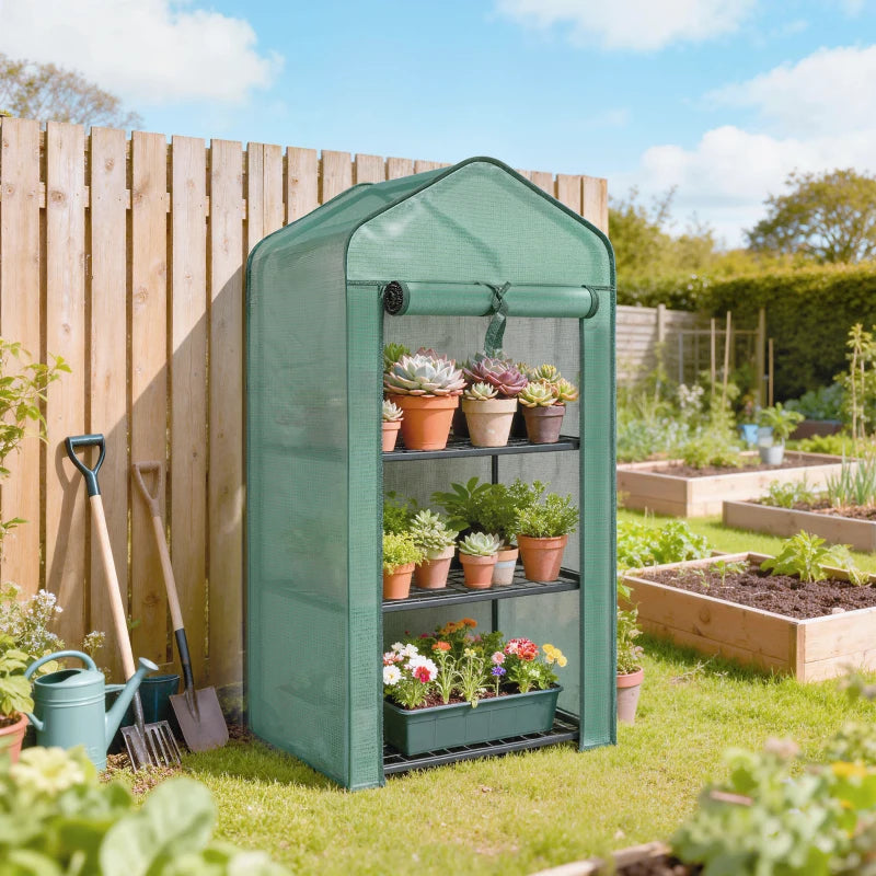 Green mesh three-tier mini greenhouse with arched roof and front storage space