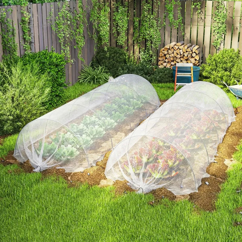 White PE mesh tunnel covers with arched hoops, grommets, and protective netting
