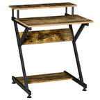 Industrial computer desk with rustic brown top, two tiers and black metal legs