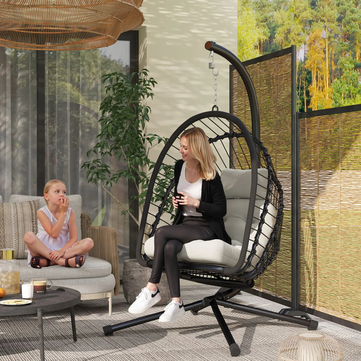 Outsunny Outdoor PE Rattan Swing Chair with Foldable Basket and Cushion, Garden Patio Hanging Egg Chair with Metal Stand