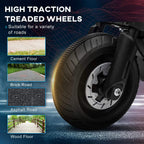 Black motorbike front wheel with deep tread for traction on different road surfaces