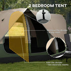 Two-bedroom camping tent layout with divider and two entrances, dark green and beige